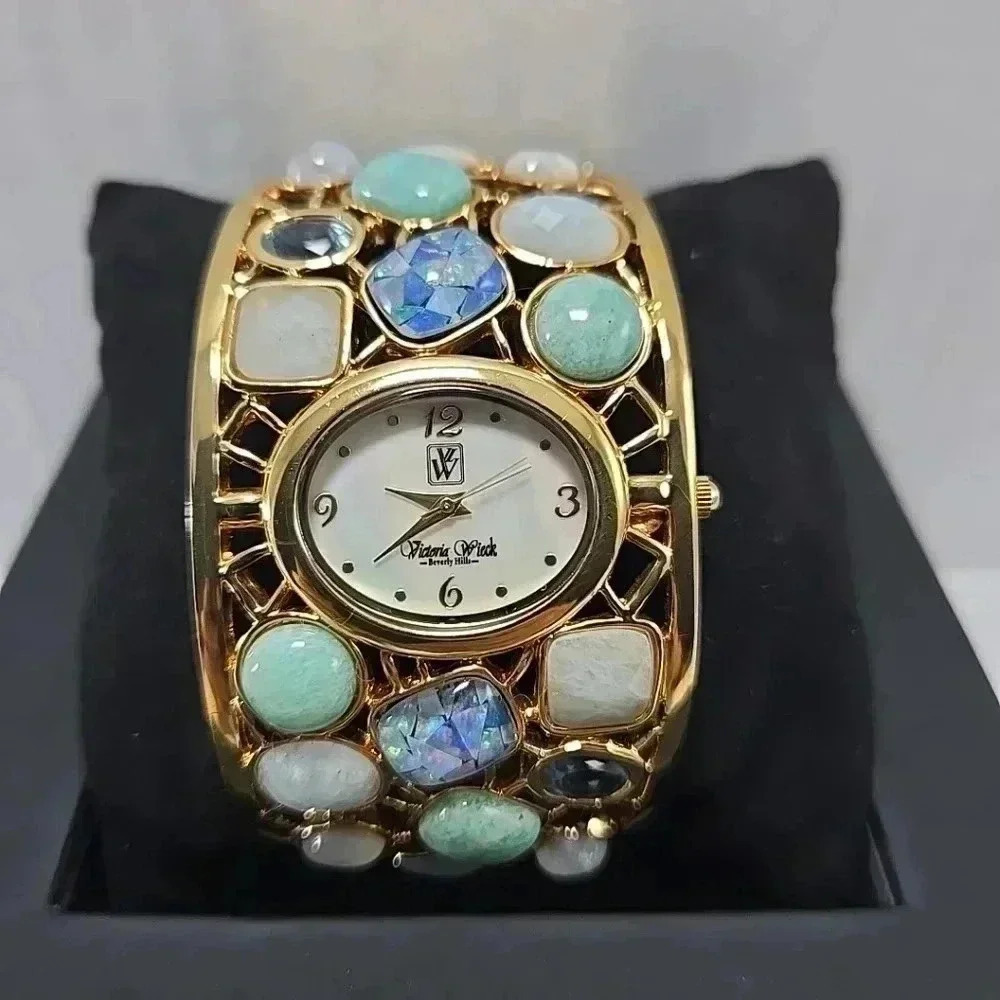 Victoria Wieck Gemstone Bangle Quartz Watch New Battery Gold Tone Cuff Women